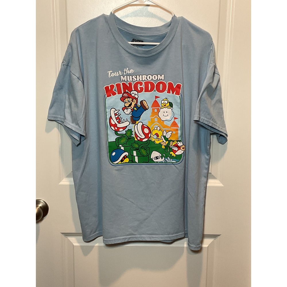 Super Mario Tour the Mushroom Kingdom T Shirt Mens XL Light Blue Nintendo